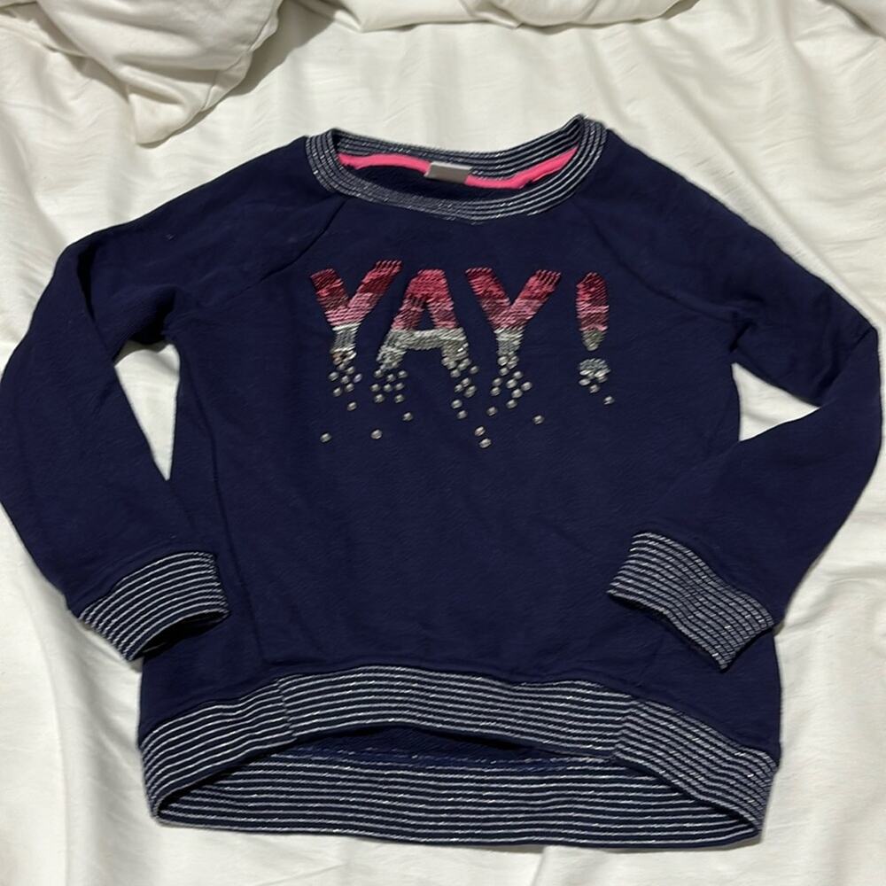 Gymboree S 5/6 navy blue long sleeve yay sequined hi low hem French terry euc
